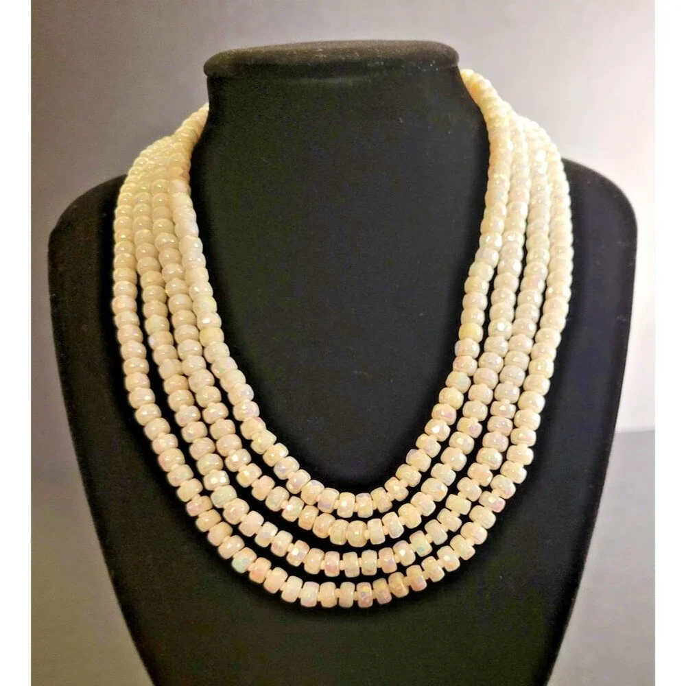 Vintage 1950s 4 Strand Opalescent Glass Bead Necklace Wedding Glam Mid Century